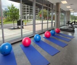 Fitness center with yoga mats, exercise balls and city views at The Ella