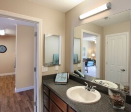 Bathroom with dark granite vanity and large mirror at The Ella