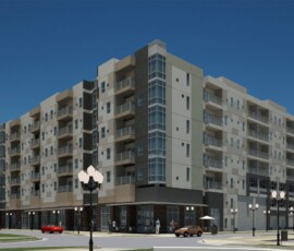 Architectural rendering of The Reed Senior Residences at ENCORE! corner street view with retail
