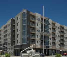 Architectural rendering of The Reed Senior Residences at ENCORE! with public sculpture in foreground