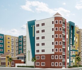 Architectural rendering of The Tempo at ENCORE! corner view with colorful facade and palm trees