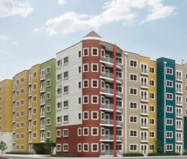 Architectural rendering of The Tempo at ENCORE! front elevation with multicolor building exterior