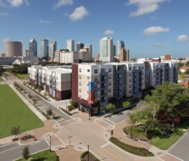 Aerial view of The Trio at ENCORE! with downtown Tampa skyline