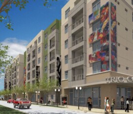 Architectural rendering of The Trio at ENCORE! street view with retail
