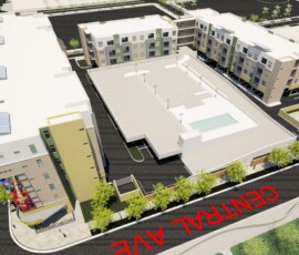 Aerial architectural rendering of The Trio at ENCORE! showing rooftop pool and layout
