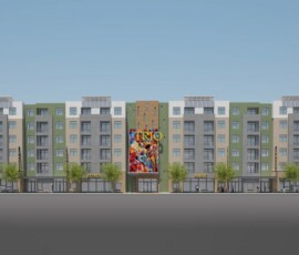 Architectural rendering of The Trio at ENCORE! front elevation with jazz mural and retail storefronts