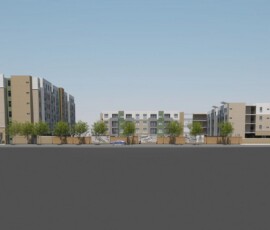 Architectural rendering of The Trio at ENCORE! side elevation showing full building complex