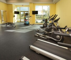 Fitness center with treadmills, ellipticals, and large windows overlooking the outdoors