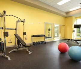 Fitness center with cable machine, dumbbells, and exercise balls
