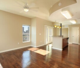 Spacious living room with hardwood floors and downtown Tampa skyline view